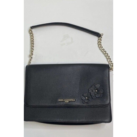 Karl Lagerfeld Black Leather Shoulder Bag Flowers Modern Minimalist Office Chic - Picture 1 of 5